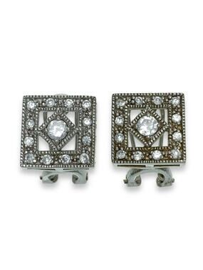 Square Milgrain Cut Out Clear Crystal Earrings | Vintage Sterling Silver 925